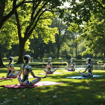 The primary subject of the image is a group of robots sitting on the grass in a park. They are arranged in various positions, with some sitting cross-legged and others in different orientations. The setting is a park with grass, trees, and a body of water nearby. The visual style is a combination of photo and digital art, creating a unique and interesting scene. The colors and mood of the image are predominantly green and serene, with the robots appearing to be at peace in their natural surroundings.
